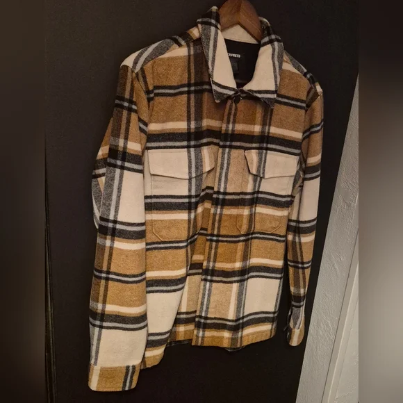 Mens Express Plaid Wool Blend Jacket/Coat/Shirt Size Medium Button Down - Picture 1 of 8